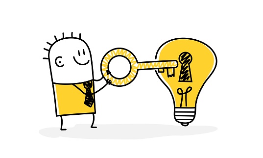 Smart stickman holding golden key. Business idea, invent new product.