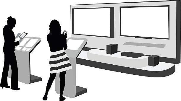 Smart TVs For Sale A vector silhouette illustration of two young women browsing handheld electronic devices at an electronics store.  They standing infront of display podiums with a large smart tv display in front of them. shopping silhouettes stock illustrations