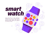 Smart watch with app icons on its touch screen concept. Vector flat illustration.