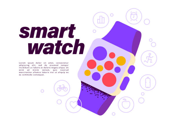 ilustrações de stock, clip art, desenhos animados e ícones de smart watch with app icons on its touch screen concept. vector flat illustration. - mobile phone