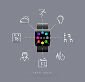 Smart watch with square display and icons in thin line style