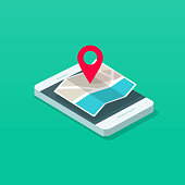 Smartphone and map pointer isometric vector illustration, flat cartoon mobile phone map navigator in 3d style, concept of cellphone navigation technology, travel destination mark