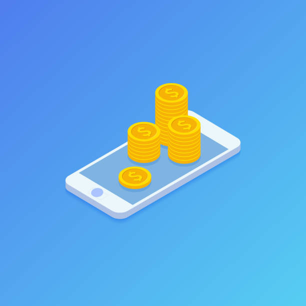 Smartphone and money coins. Isometric style. Vector illustration background. vector art illustration