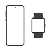 Smartphone and Smart watch mockup. Mobile phone and Smartwatch screen blank. Black cellphone isolated on white background. Vector illustration.