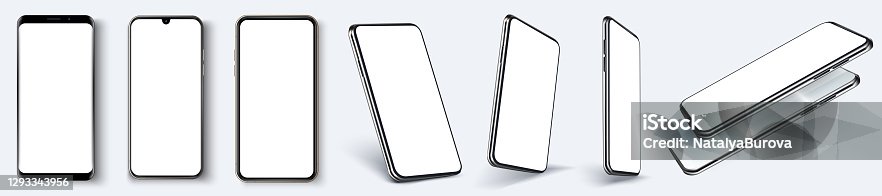 istock Smartphone frameless blank screen, rotated position. Smartphone from different angles. Mockup generic device. UI, UX smartphones set. Template for infographics or presentation 3D realistic phones 1293343956