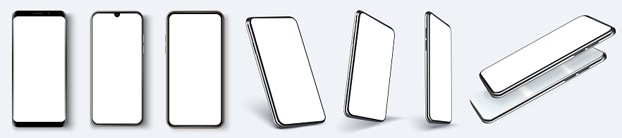 Smartphone frameless blank screen, rotated position. Smartphone from different angles. Mockup generic device. UI, UX smartphones set. Template for infographics or presentation 3D realistic phones