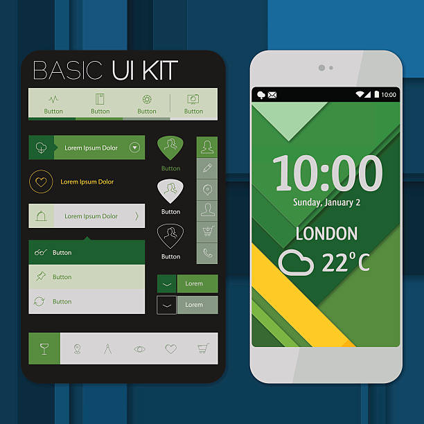 Desain material datar smartphone mockup dengan latar belakang material dan kit UI / UX dasar. Transparansi, 10 EPS.