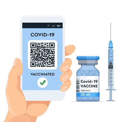 Smartphone screen with an electronic passport of immunity with COVID-19 vaccination.