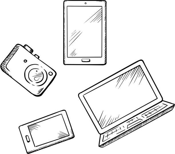 Smartphone, tablet pc, laptop and camera Sketch of modern smartphone, tablet pc, laptop and digital photo camera, for electronic devices theme design laptop drawings stock illustrations