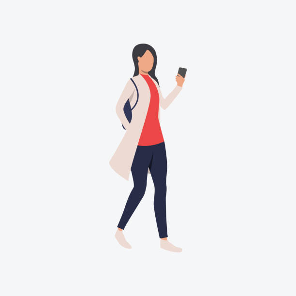 bildbanksillustrationer, clip art samt tecknat material och ikoner med smartphoneanvändare platt ikon - woman walking