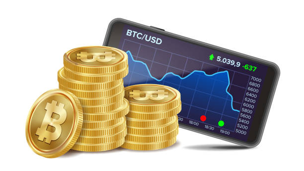 Smartphone With Bitcoin Trading Chart Vector. Realistic Golden Coins. Virtual Money. Isolated On White Illustration Smartphone And Bitcoin Coins Vector. Digital Money. Cryptocurrency Investment Concept. Realistic 3D Gold Coins. Isolated On White Illustration bitcoin stock illustrations