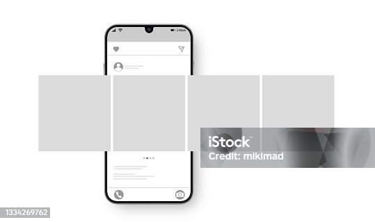 istock Smartphone with carousel interface post on social network. Social media design concept. Vector illustration. 1334269762