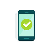 Smartphone with checkmark on display vector illustration, flat cartoon style of mobile phone with green tick isolated on white, concept of cellphone survey done, accept icon, vote checkbox, yes button