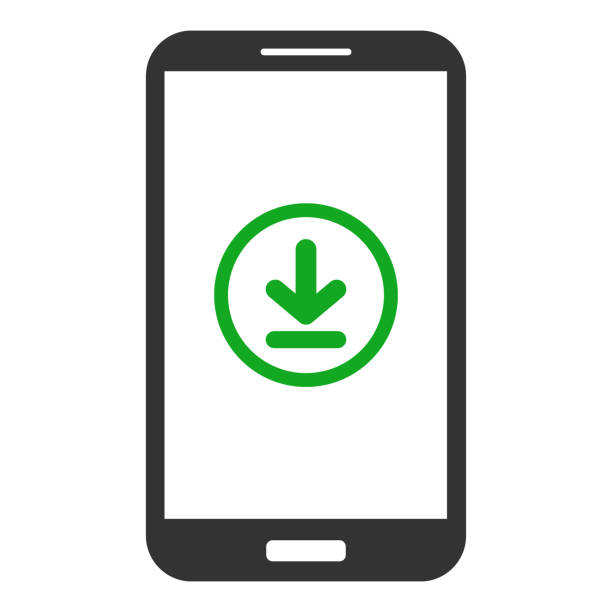 Smartphone with download button on screen. Vector icon Smartphone with download button on screen. Vector icon. downloading stock illustrations