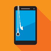 Vector illustration of a smartphone with earbuds against an orange background in flat style.