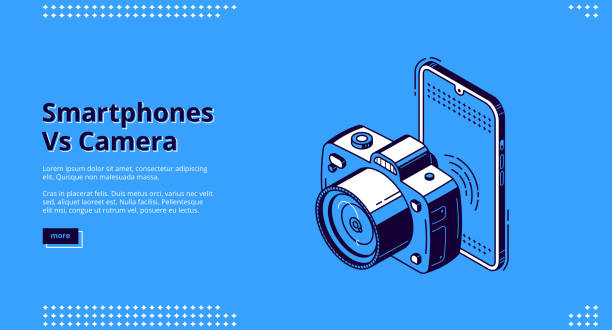 Smartphones vs camera competition banner Smartphones vs camera banner. Competition mobile photo versus dslr photography. Vector background with isometric illustration of mobile phone and camera. Concept of choice digital device for shoot dslr camera stock illustrations