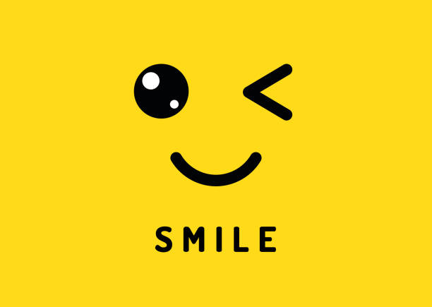 미소 그리고 윙크입니다. 웃는 얼굴, 노란 배경에 고립 재미 윙크 하는 즐거운. 웃음과 미소 벡터 배너 - 윙크 stock illustrations