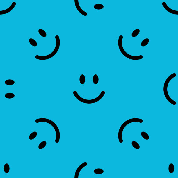 Smile line icon pattern. Vector abstract background Seamless pattern with smiling faces on blue background. Smile line icon texture. Vector illustration anthropomorphic smiley face stock illustrations
