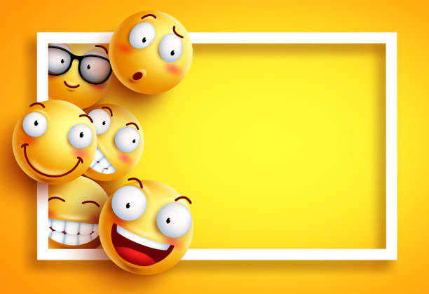 Smiley background vector template with yellow funny smileys or emoticons and empty blank space Smiley background vector template with yellow funny smileys or emoticons and empty blank space for text and white frame in yellow background. Vector illustration. laughing emoji stock illustrations