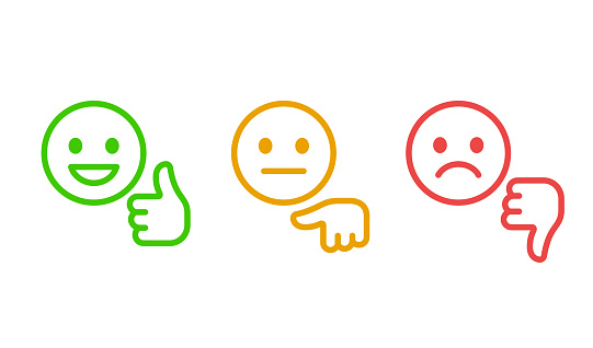 Customer satisfaction rating scale, smiley face with thumbs up and down. Positive and negative feedback button. Line vector icons.