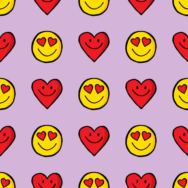 ilustrações de stock, clip art, desenhos animados e ícones de smiley face hearts and heart hand drawn pattern - friends color background