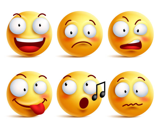 Smiley face icons or emoticons with set of facial expressions Smiley face icons or emoticons with set of different facial expressions in glossy 3D realistic isolated in white background. Vector illustration stick out tongue emoji stock illustrations