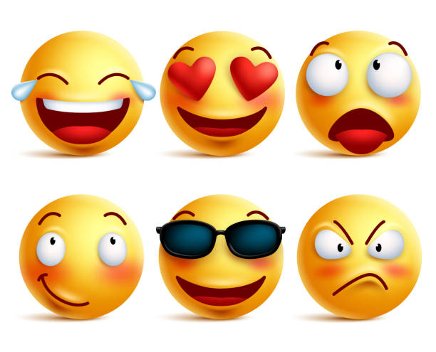 Smiley face icons or yellow emoticons with emotional funny faces Smiley face icons or yellow emoticons with emotional funny faces in glossy 3D realistic isolated in white background. Vector illustration laughing emoji stock illustrations