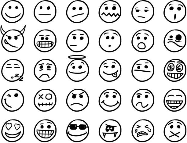 ilustraciones, imágenes clip art, dibujos animados e iconos de stock de set01 de icono smiley vector mano dibujos en blanco y negro - smiley face