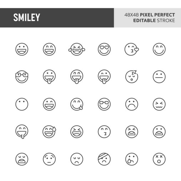 Smiley Vector Icon Set 30 thin line icons associated with smiley and emoticon with funny expression, happy expression, sad expression and other expression are included in this set. 48x48 pixel perfect vector icon with editable stroke. laugh stock illustrations