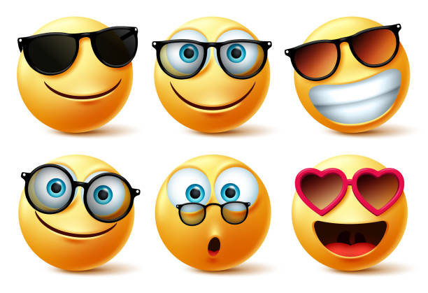 ilustrações de stock, clip art, desenhos animados e ícones de smileys emoji or emoticon faces wearing sunglasses and eyeglasses vector set. - eyeglasses