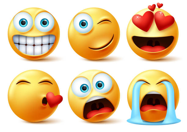 illustrazioni stock, clip art, cartoni animati e icone di tendenza di smileys emoji ed emoticon affrontano il set vettoriale. icona sorridente o emoticon di simpatici volti gialli - kiss