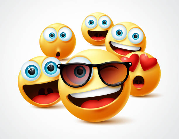 ilustrações, clipart, desenhos animados e ícones de emojis sorridentes famoso conceito de vetor de celebridades famosos. famoso smiley emoticon amarelo enfrenta grupo em avatar realista 3d. - emoji