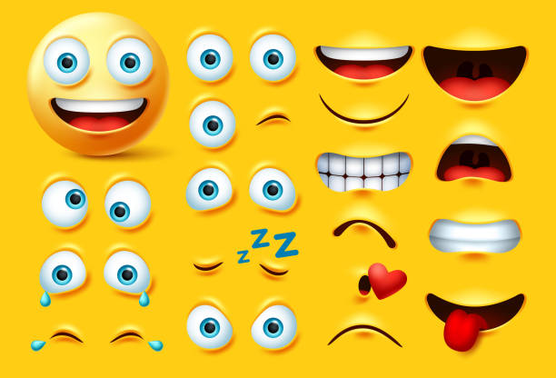 ilustrações, clipart, desenhos animados e ícones de smileys emoticon personagem criação vector conjunto. emoji sorridente rosto kit olhos e boca em raiva, louco, chorando, impertinente, beijando e rindo. - sorriso