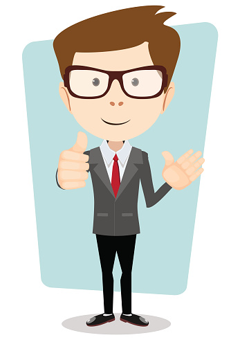 Stock Vector illustration of a smiling cartoon business man or teacher giving the thumbs up and friendly waving vector