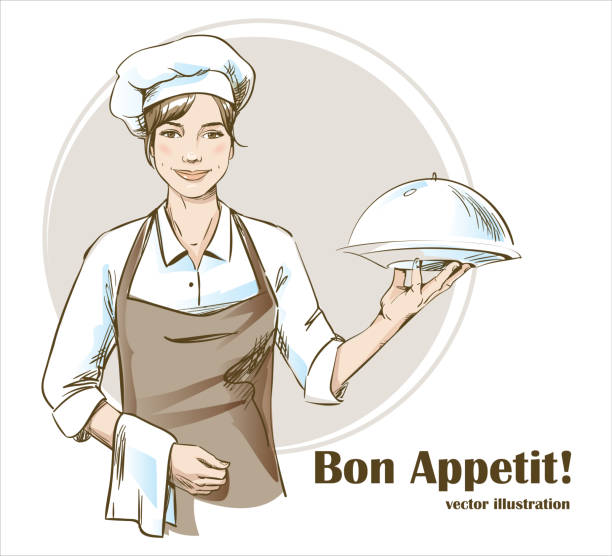 Smiling and happy female chef. Woman chef is holding a restaurant cloche. Hand drawn vector illustration. Smiling and happy female chef. Woman chef is holding a restaurant cloche. Hand drawn vector illustration of waiting staff. chef apron stock illustrations