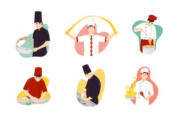 Smiling asian chef cooking traditional oriental food set vector art illustration