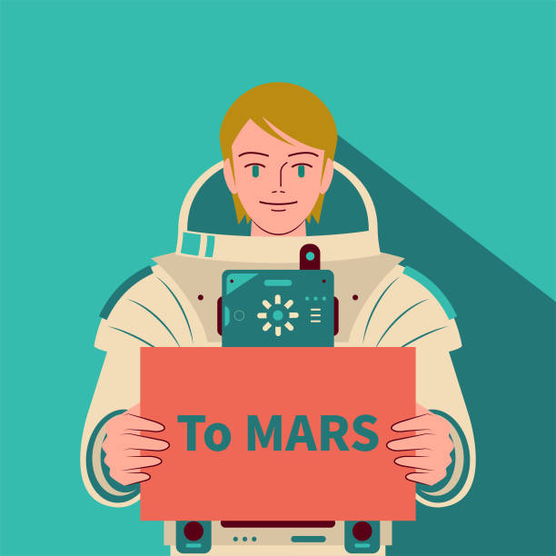 Smiling beautiful female astronaut (spaceman) without helmet holding a sign with the text "to MARS", exploration of Mars, Mars immigrants, space travel and exploration, competition in outer space Astronaut characters vector art illustration.
Smiling beautiful female astronaut (spaceman) without helmet holding a sign with the text "to MARS", exploration of Mars, Mars immigrants, space travel and exploration, competition in outer space. european space agency stock illustrations