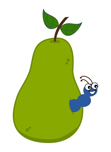 Smiling blue maggot coming out of a juicy green pear - vector
