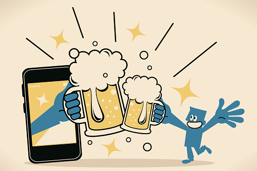 Smiling blue man lifting beer glass to join in a celebratory toast (drinking beer and toasting) with big hand from smart phone