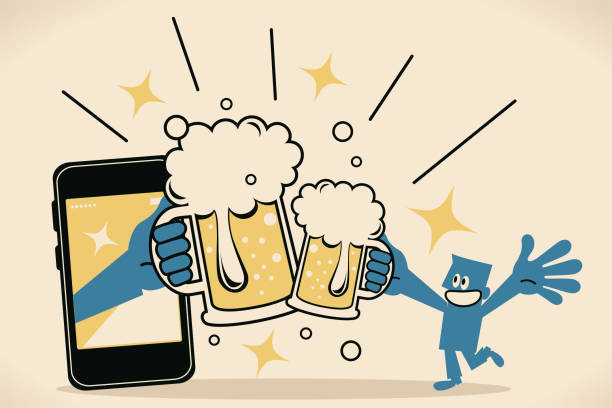 ilustraciones, imágenes clip art, dibujos animados e iconos de stock de sonriente a hombre azul levanta vidrio de cerveza a participar en un brindis de celebración (bebiendo cerveza y tostado) con gran mano de teléfono inteligente - mano agarrando botella de cerveza y taza