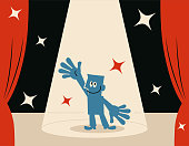 Blue Little Guy Characters Full Length Vector art illustration.Copy Space.
Smiling blue man (Host) on stage with spotlight.