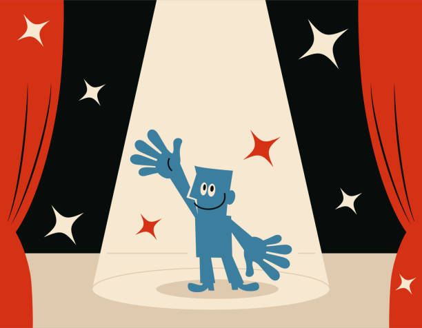 Smiling blue man (Host) on stage with spotlight vector art illustration
