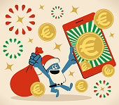 Blue Santa Characters Vector Art Illustration.
Smiling blue Santa Claus is holding a sack and a smartphone with European Union currency (Euro sign coin); Merry Christmas and New Year Greeting.