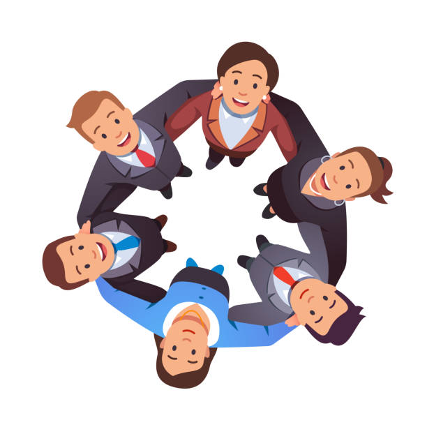 Smiling business people team man & woman group hugging each other holding arms in circle and looking up together. Aerial top view. Teamwork, unity, togetherness. Flat vector illustration Smiling business people team man & woman group hugging each other holding arms in circle and looking up together. Aerial top view. Teamwork, unity, togetherness. Flat style vector character isolated illustration entrepreneur clipart stock illustrations
