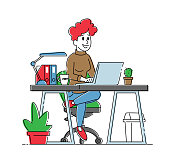 istock Smiling Business Woman or Freelancer Working on Laptop Sitting at Desks with Cup Work. Freelance or Office Occupation 1288511524