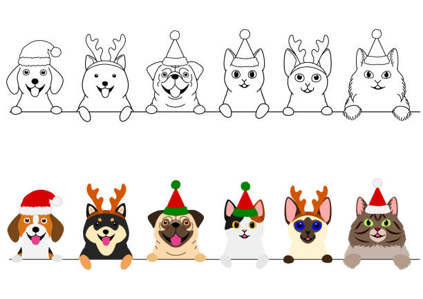 stockillustraties, clipart, cartoons en iconen met lachende katten en honden met kerst kostuums border set - christmas cat