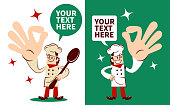 Chef Characters Vector Art Illustration Full Length.
Smiling chef showing big ok hand sign with two postures.