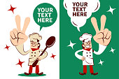 Unique Chef Characters Vector Art Illustration.
Smiling chef with one hand on hip carrying a big fork and gesturing number 2 (victory or peace hand sign).