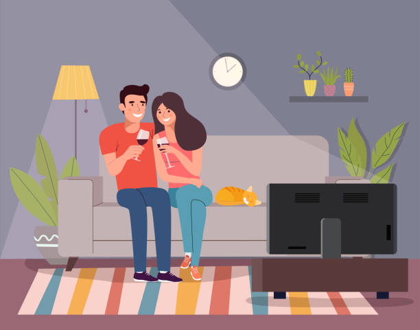 Smiling couple drinking a glass of red wine in their living roomin the evening. Vector flat illustration. Smiling couple drinking a glass of red wine in their living roomin the evening. Vector flat illustration. date night stock illustrations