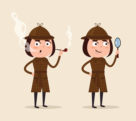Smiling detective woman character looking through magnifying glass and smoking pipe